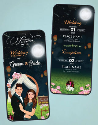 Caricature Wedding Invitation Night Sky | C-5