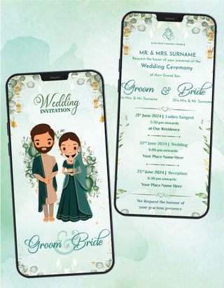 Floral Muslim Cartoon Couple Wedding Invitation | W-169