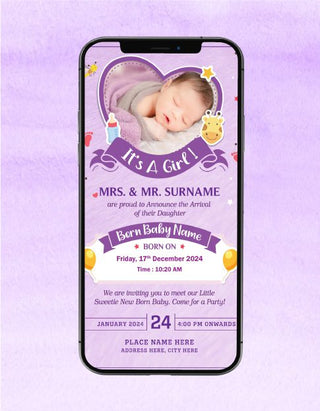 Purple Baby Girl Birth Invitations | BA-06