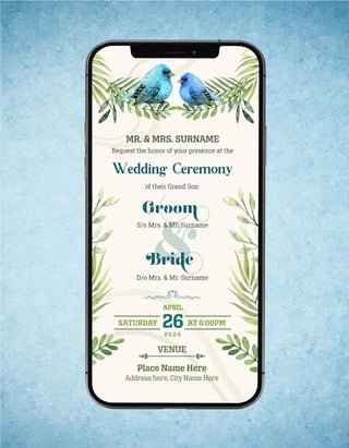 Watercolor Blue Birds Wedding Invitation | W-212