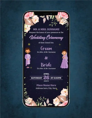 Floral Cartoon Couple Wedding Invitation | W-229