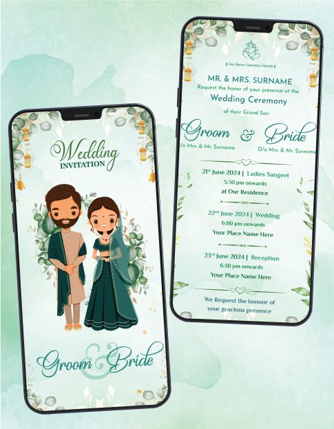 Floral Muslim Cartoon Couple Wedding Invitation