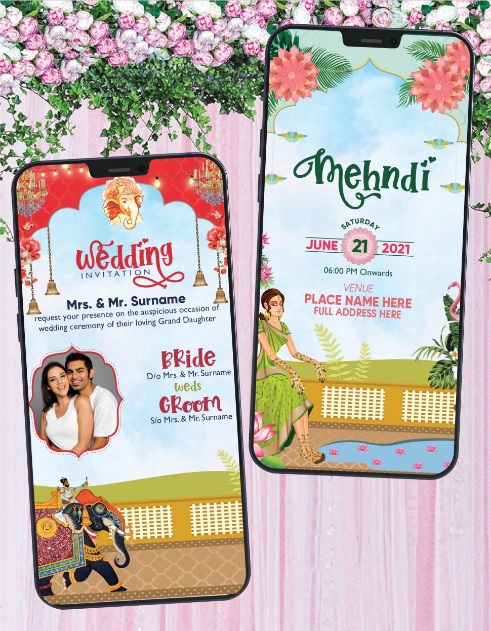 Indian Bridal Mehndi Haldi and Wedding Invitation Card