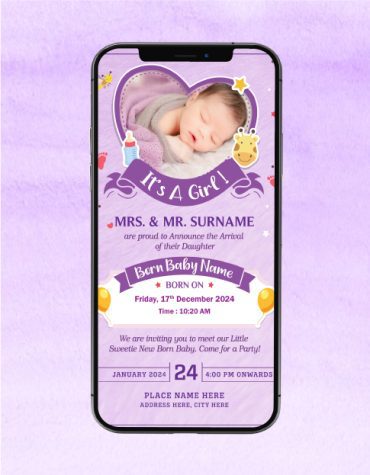 Purple Baby Girl Birth Invitations
