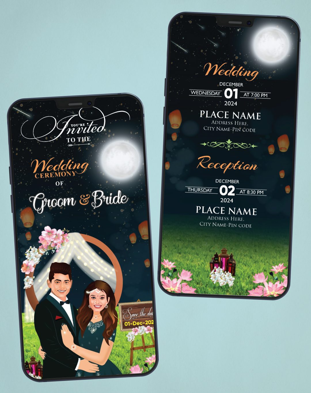 Caricature Wedding Invitation Night Sky